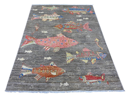 Peshawar Modern / Contemporary hand-knotted wool rug in Gray, 4'11" x 6'6" — SKU O021659