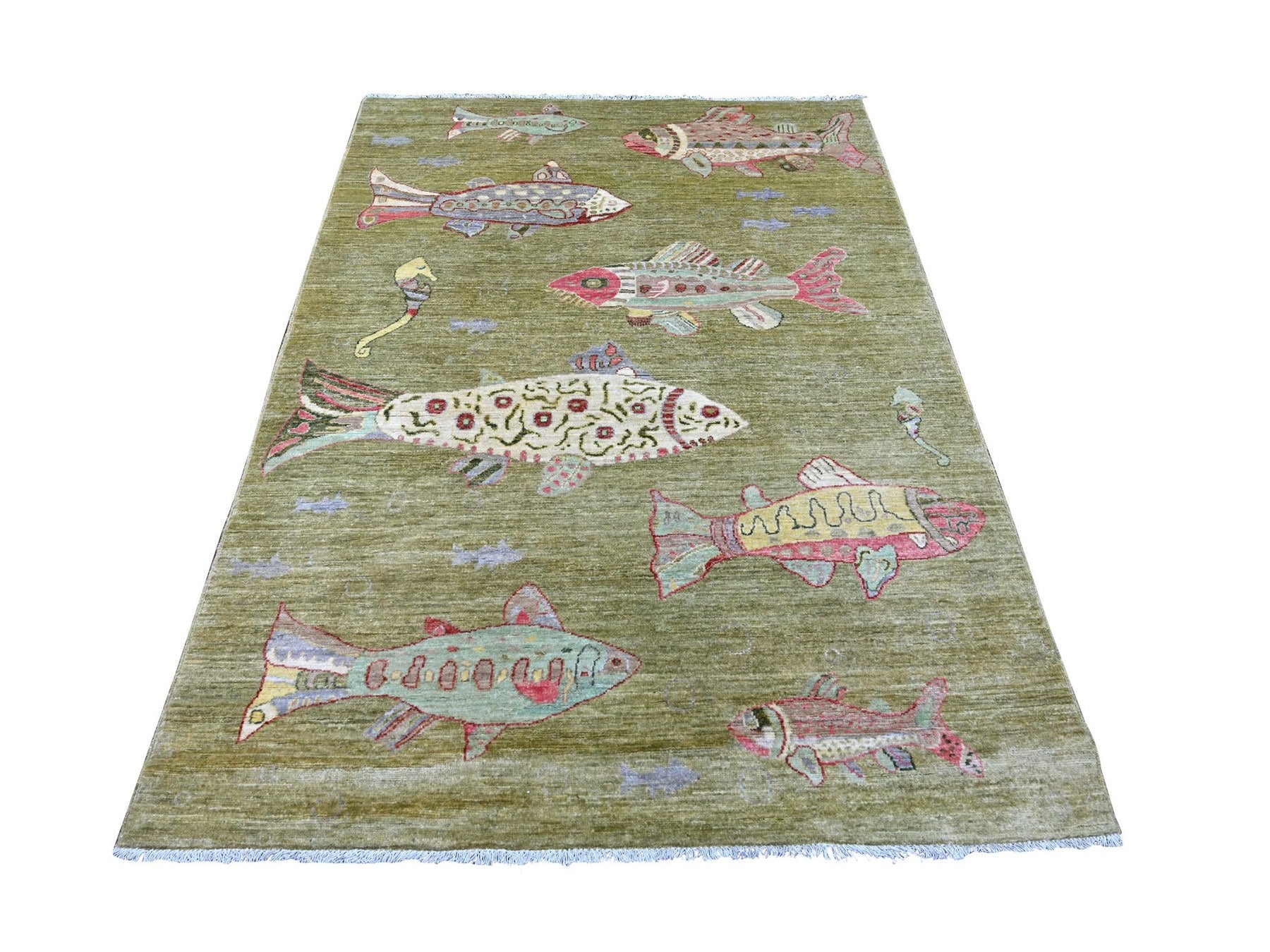 Green 5'0" x 6'10" Modern and Contemporary Hand knotted Wool Rug - Sku: O021661