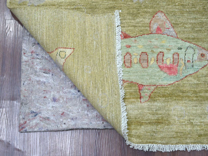 Green 5'0" x 6'10" Modern and Contemporary Hand knotted Wool Rug - Sku: O021661
