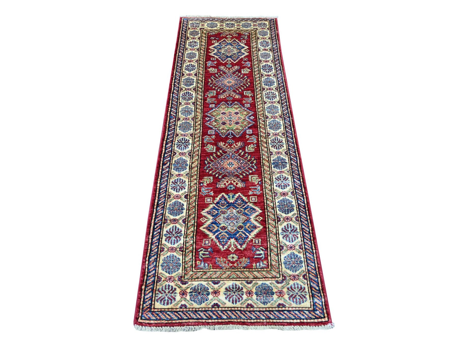 Kazak Tribal & Geometric hand-knotted wool runner in Red & Ivory, 2'4" x 6'9" — SKU O021667