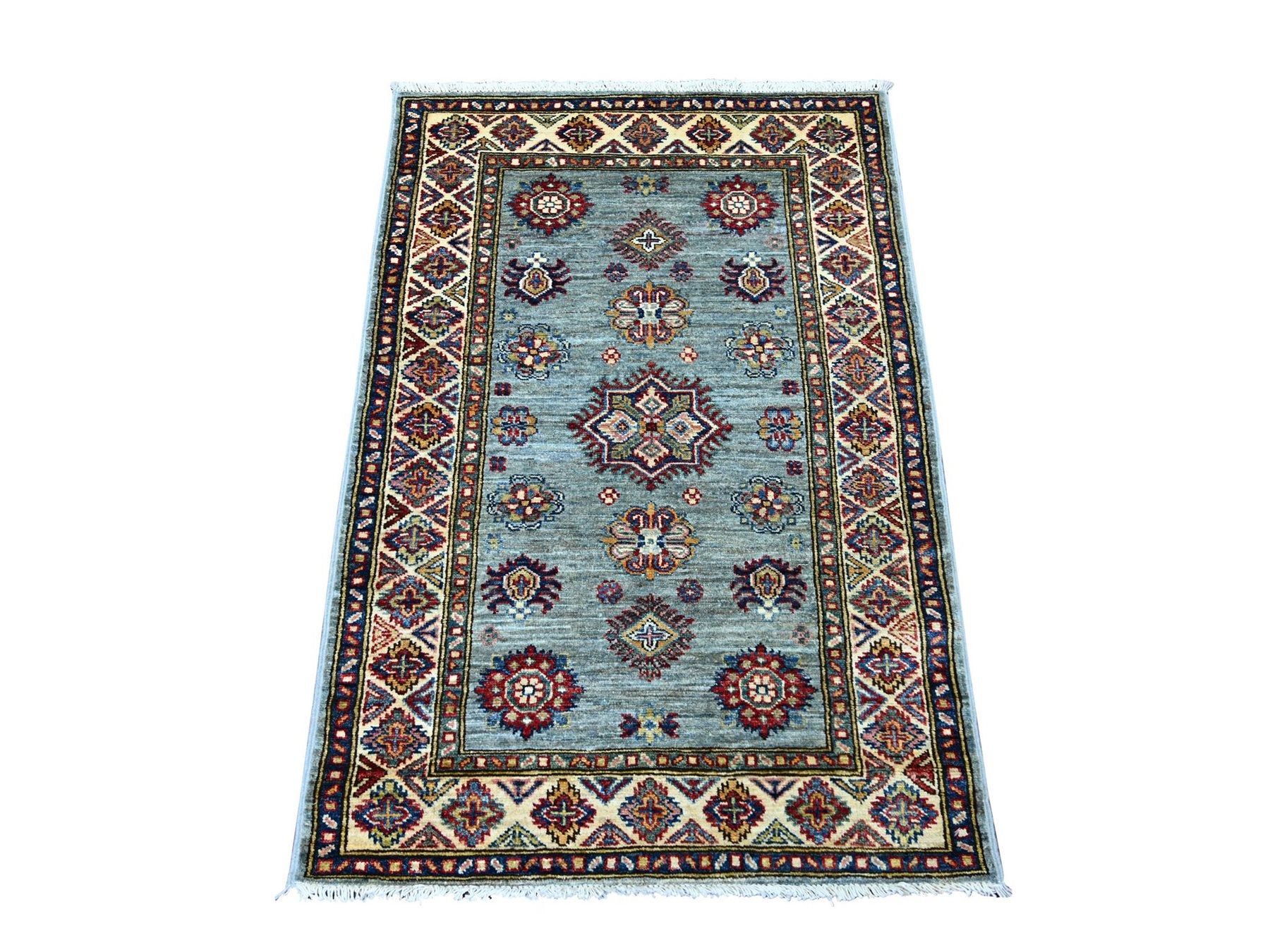 Kazak Tribal & Geometric hand-knotted wool rug in Gray & Ivory, 2'7" x 3'10" — SKU O021669