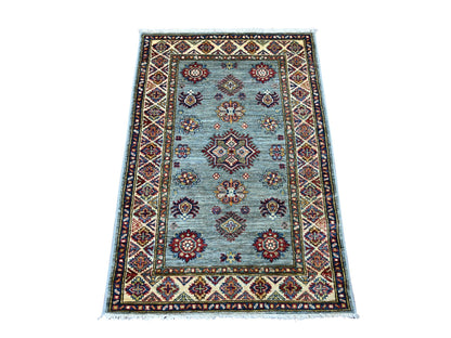 Kazak Tribal & Geometric hand-knotted wool rug in Gray & Ivory, 2'7" x 3'10" — SKU O021669