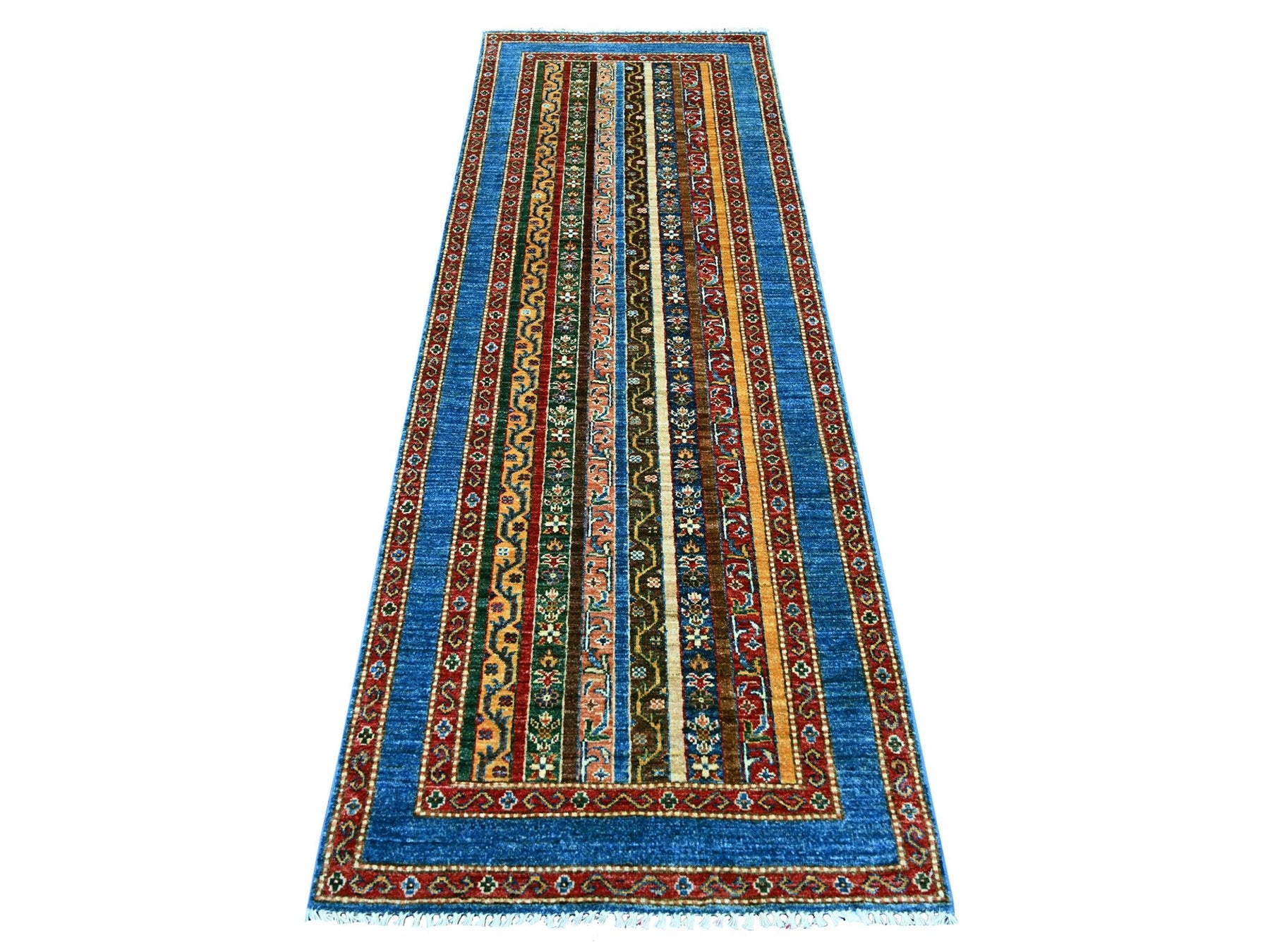 Kazak Tribal & Geometric hand-knotted wool runner in Blue & Brown, 2'10" x 8'1" — SKU O021670