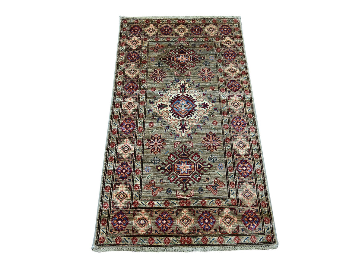 Kazak Tribal & Geometric hand-knotted wool rug in Green & Sage Green, 2'7" x 4'6" — SKU O021673