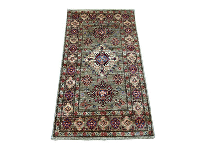 Kazak Tribal & Geometric hand-knotted wool rug in Green & Sage Green, 2'7" x 4'6" — SKU O021673