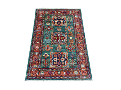 Green 2'10" x 4'2" Tribal & Geometric Hand knotted Wool Rug - Sku: O021677