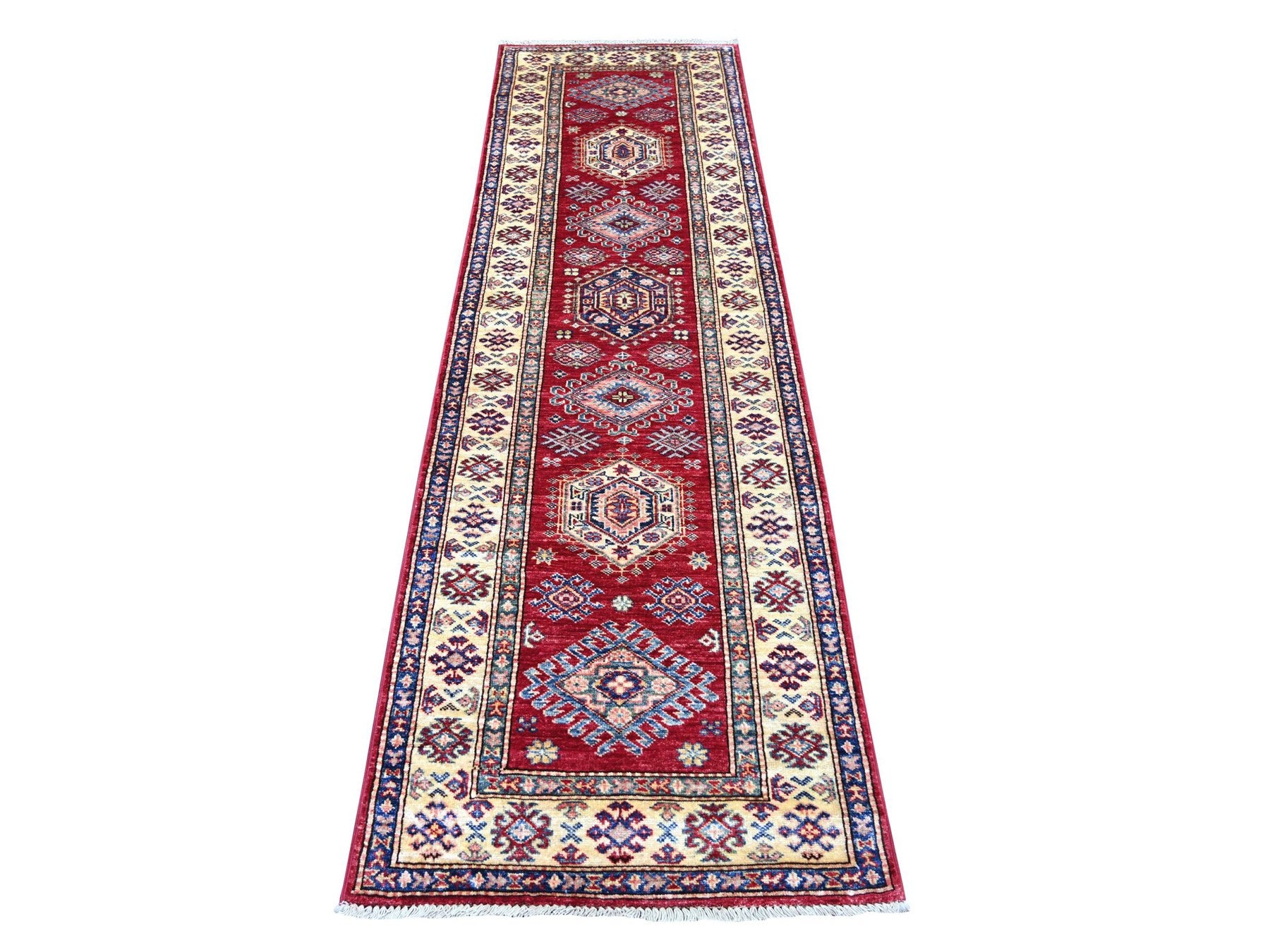 Kazak Tribal & Geometric hand-knotted wool runner in Red & Ivory, 2'6" x 8'3" — SKU O021681