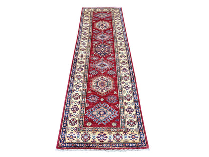 Kazak Tribal & Geometric hand-knotted wool runner in Red & Ivory, 2'6" x 8'3" — SKU O021681