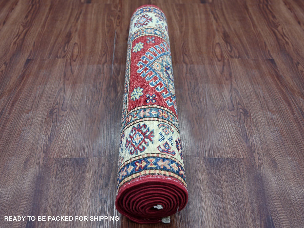 Kazak Tribal & Geometric hand-knotted wool runner in Red & Ivory, 2'6" x 8'3" — SKU O021681 (view 4)