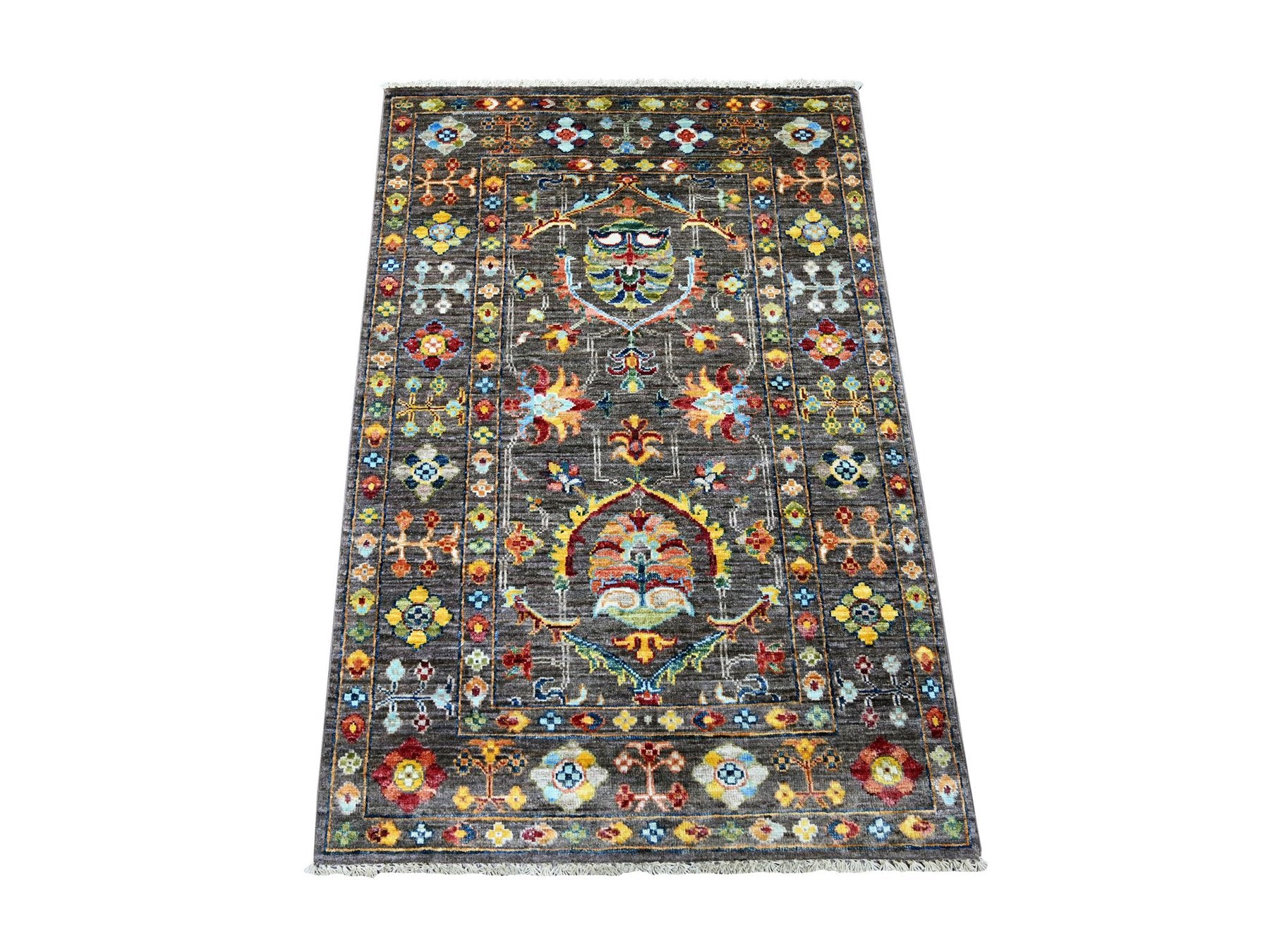 Grey 2'8" x 4'0" Tribal & Geometric Hand knotted Wool Rug - Sku: O021682