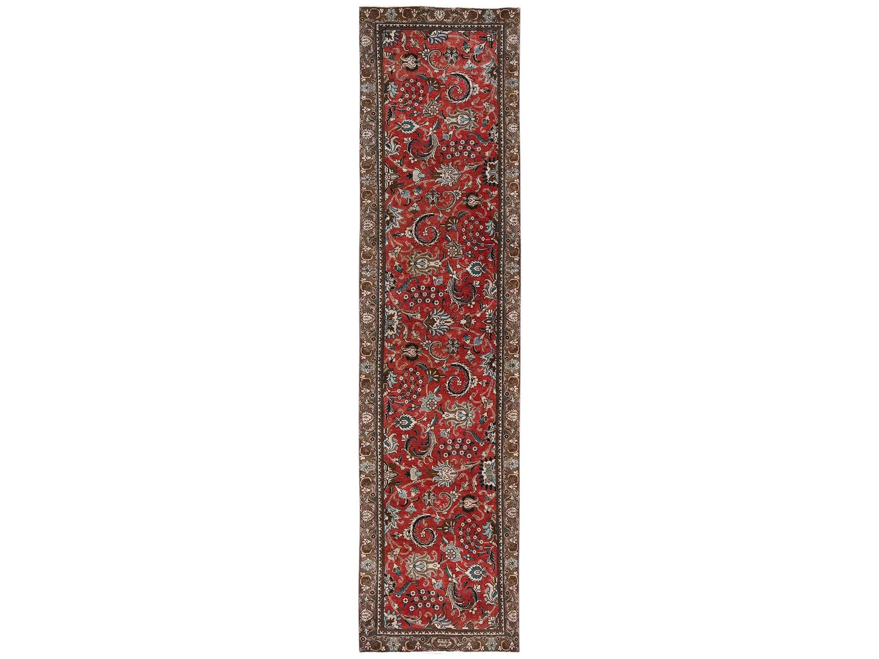 Kashan Vintage hand-knotted wool runner in Red & Chocolate Brown, 2'10" x 12'3" — SKU O02168
