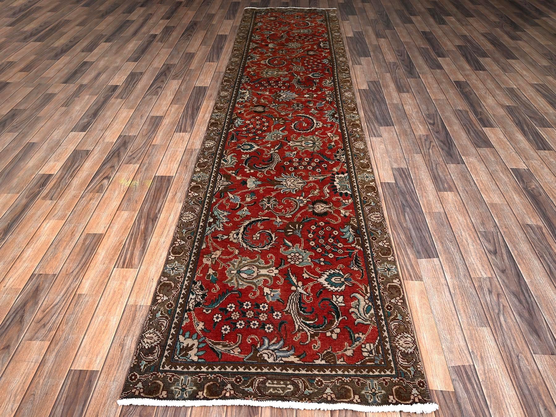 Kashan Vintage hand-knotted wool runner in Red & Chocolate Brown, 2'10" x 12'3" — SKU O02168 (view 2)