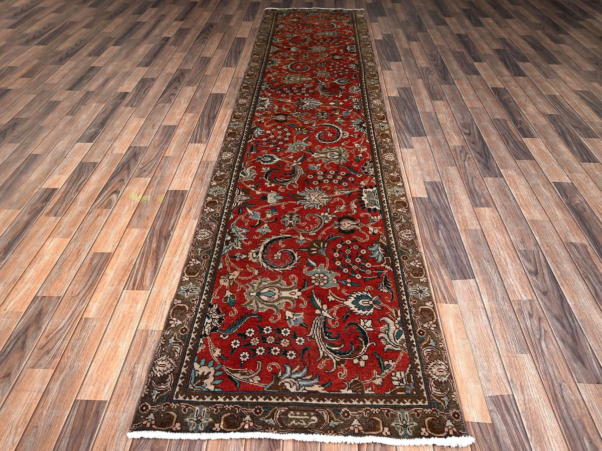 Kashan Vintage hand-knotted wool runner in Red & Chocolate Brown, 2'10" x 12'3" — SKU O02168 (view 2)