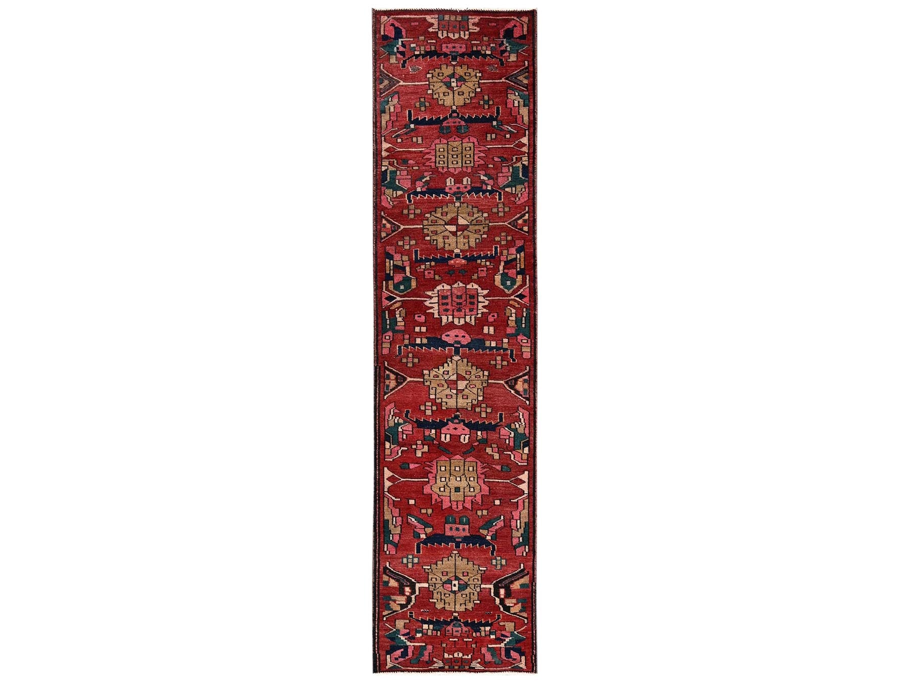 Red 2'5" x 9'3" Vintage Hand knotted Wool Rug - Sku: O02169