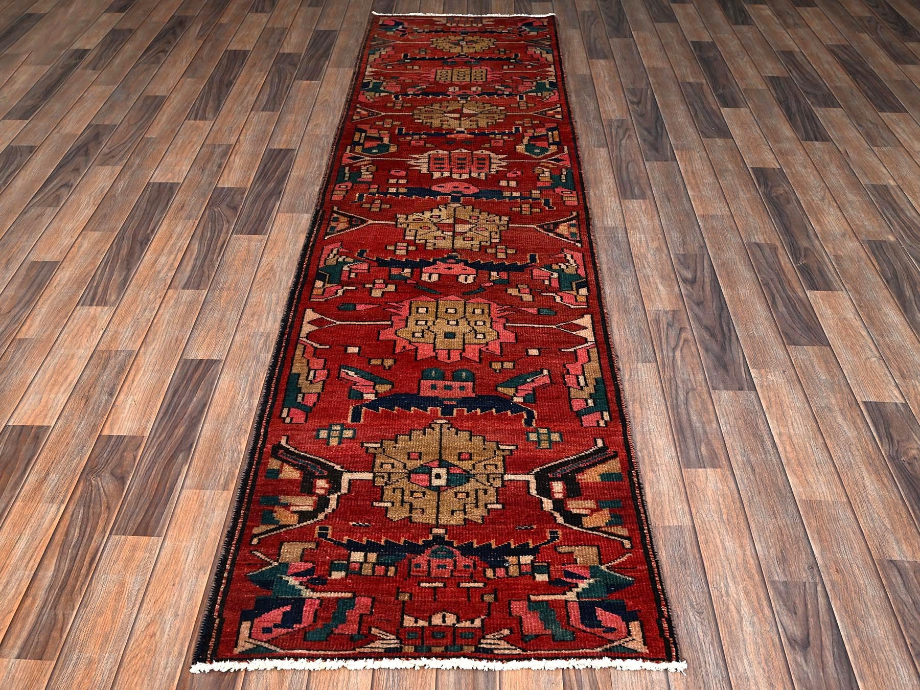 Red 2'5" x 9'3" Vintage Hand knotted Wool Rug - Sku: O02169