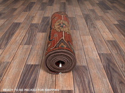 Red 2'5" x 9'3" Vintage Hand knotted Wool Rug - Sku: O02169