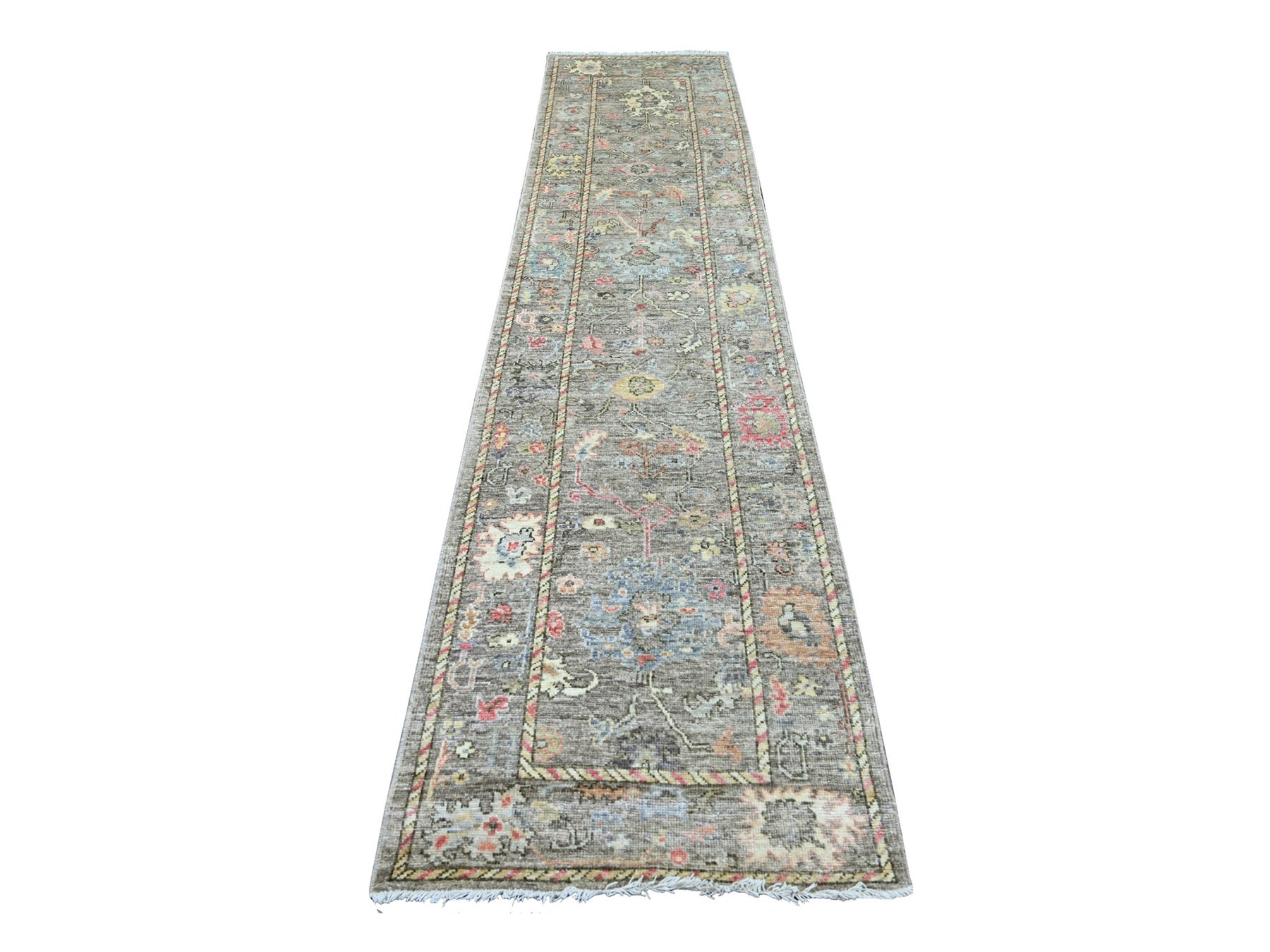 Brown 2'7" x 11'6" Oushak And Peshawar Hand knotted Wool Rug - Sku: O021701