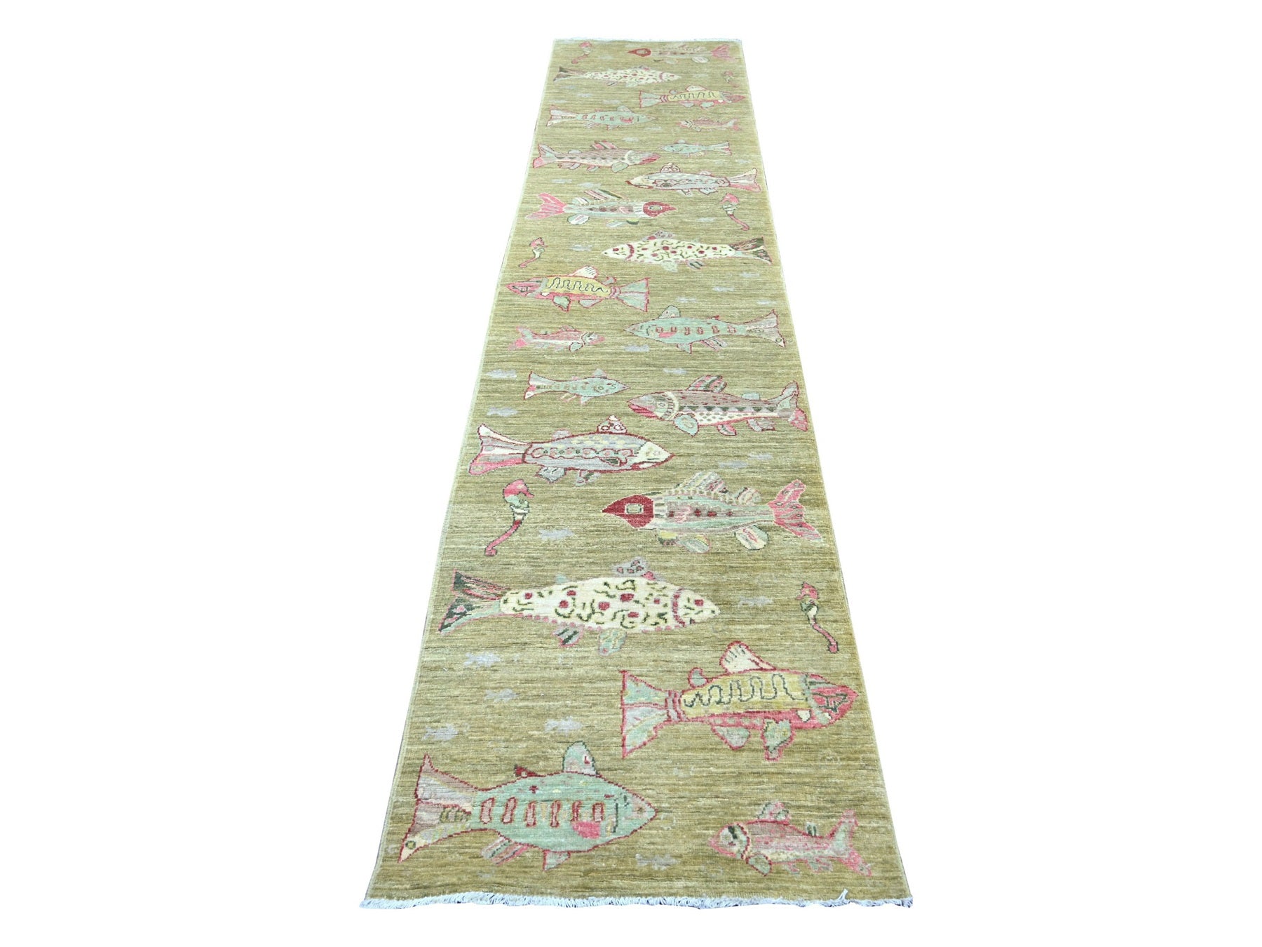 Green 2'7" x 11'5" Modern and Contemporary Hand knotted Wool Rug - Sku: O021706