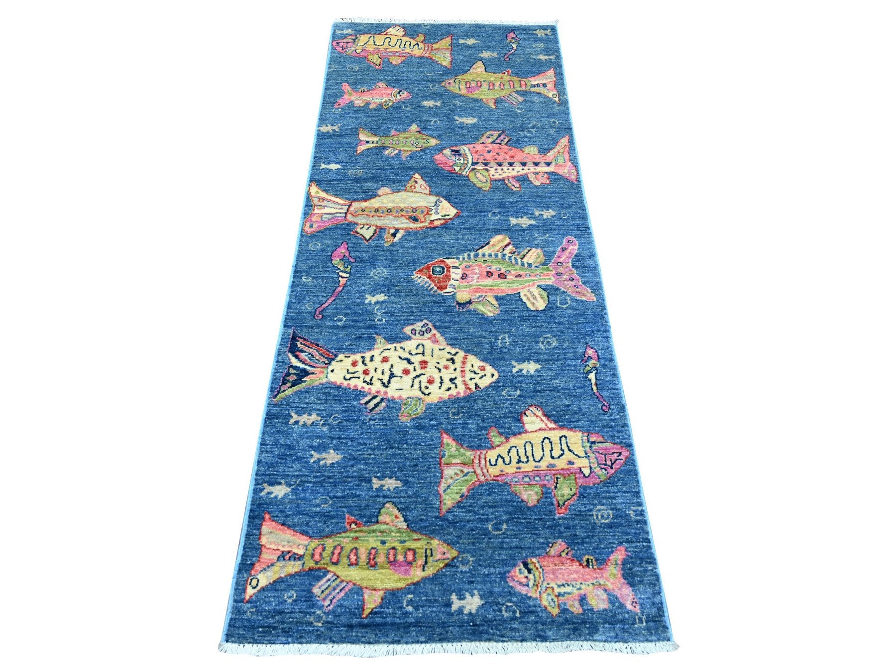 Blue 2'5" x 6'3" Modern and Contemporary Hand knotted Wool Rug - Sku: O021708