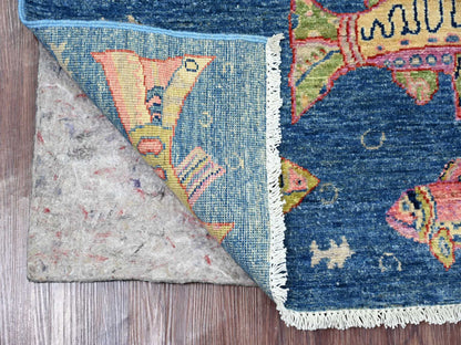 Blue 2'5" x 6'3" Modern and Contemporary Hand knotted Wool Rug - Sku: O021708