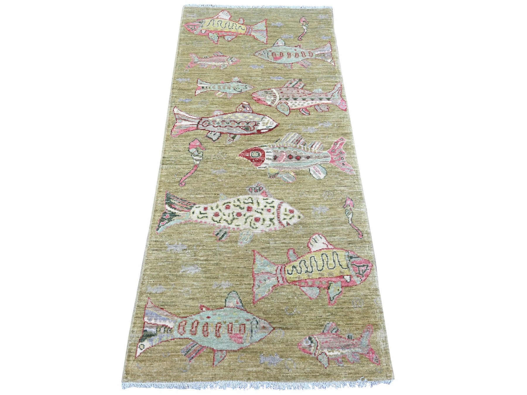 Green 2'6" x 5'11" Modern and Contemporary Hand knotted Wool Rug - Sku: O021709