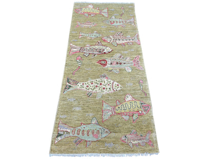 Green 2'6" x 5'11" Modern and Contemporary Hand knotted Wool Rug - Sku: O021709