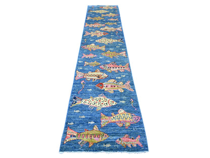 Blue 2'6" x 11'7" Modern and Contemporary Hand knotted Wool Rug - Sku: O021712