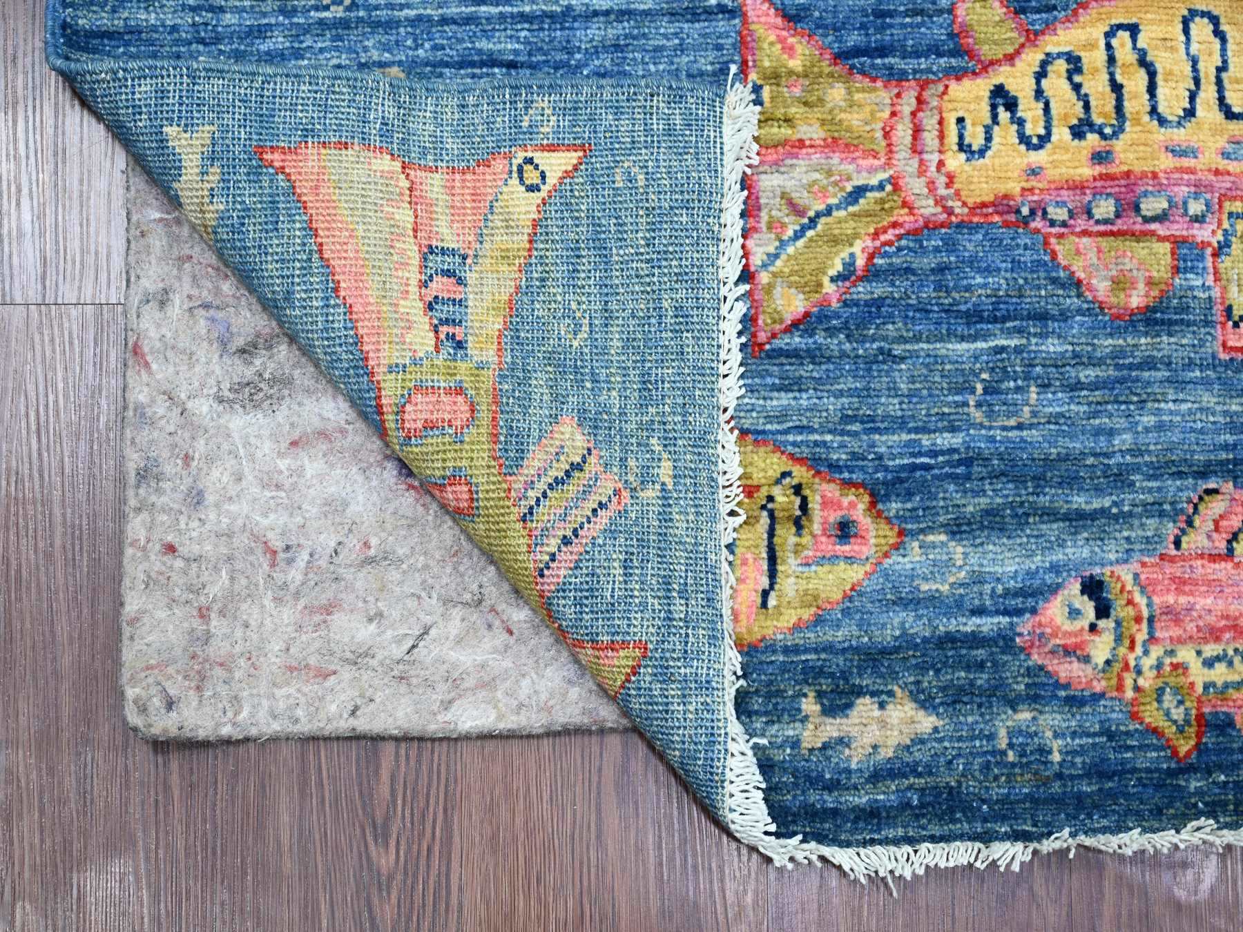 Blue 2'6" x 11'7" Modern and Contemporary Hand knotted Wool Rug - Sku: O021712