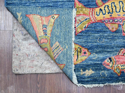 Blue 2'6" x 11'7" Modern and Contemporary Hand knotted Wool Rug - Sku: O021712