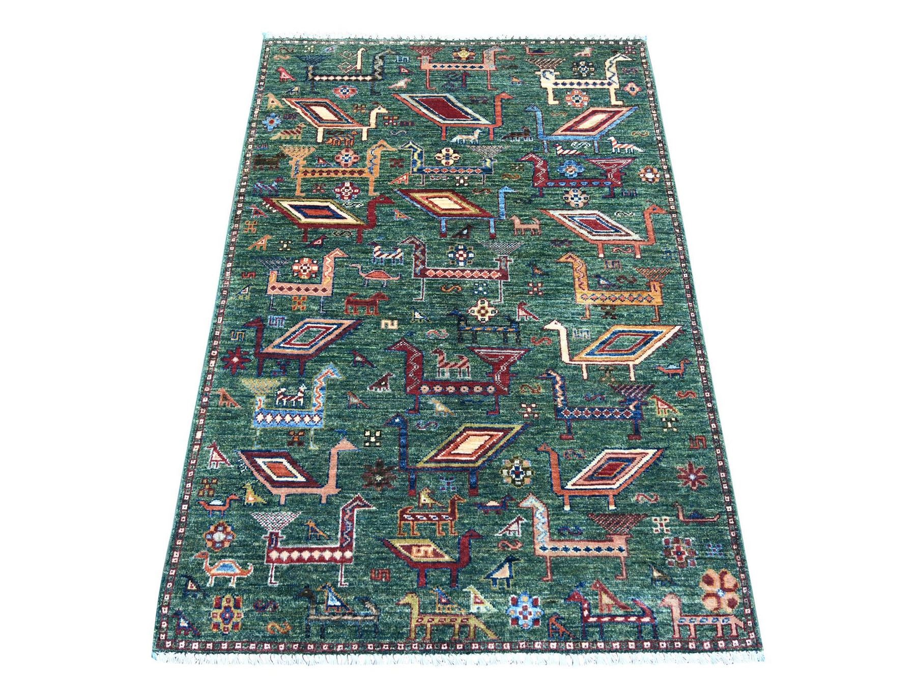 Green 3'4" x 4'11" Tribal & Geometric Hand knotted Wool Rug - Sku: O021725
