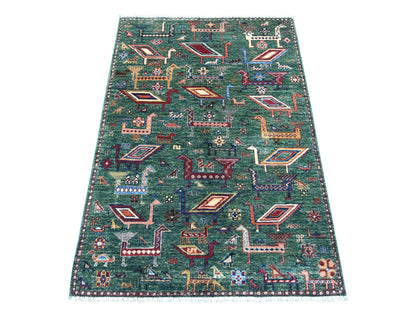 Green 3'4" x 4'11" Tribal & Geometric Hand knotted Wool Rug - Sku: O021725