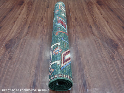 Green 3'4" x 4'11" Tribal & Geometric Hand knotted Wool Rug - Sku: O021725