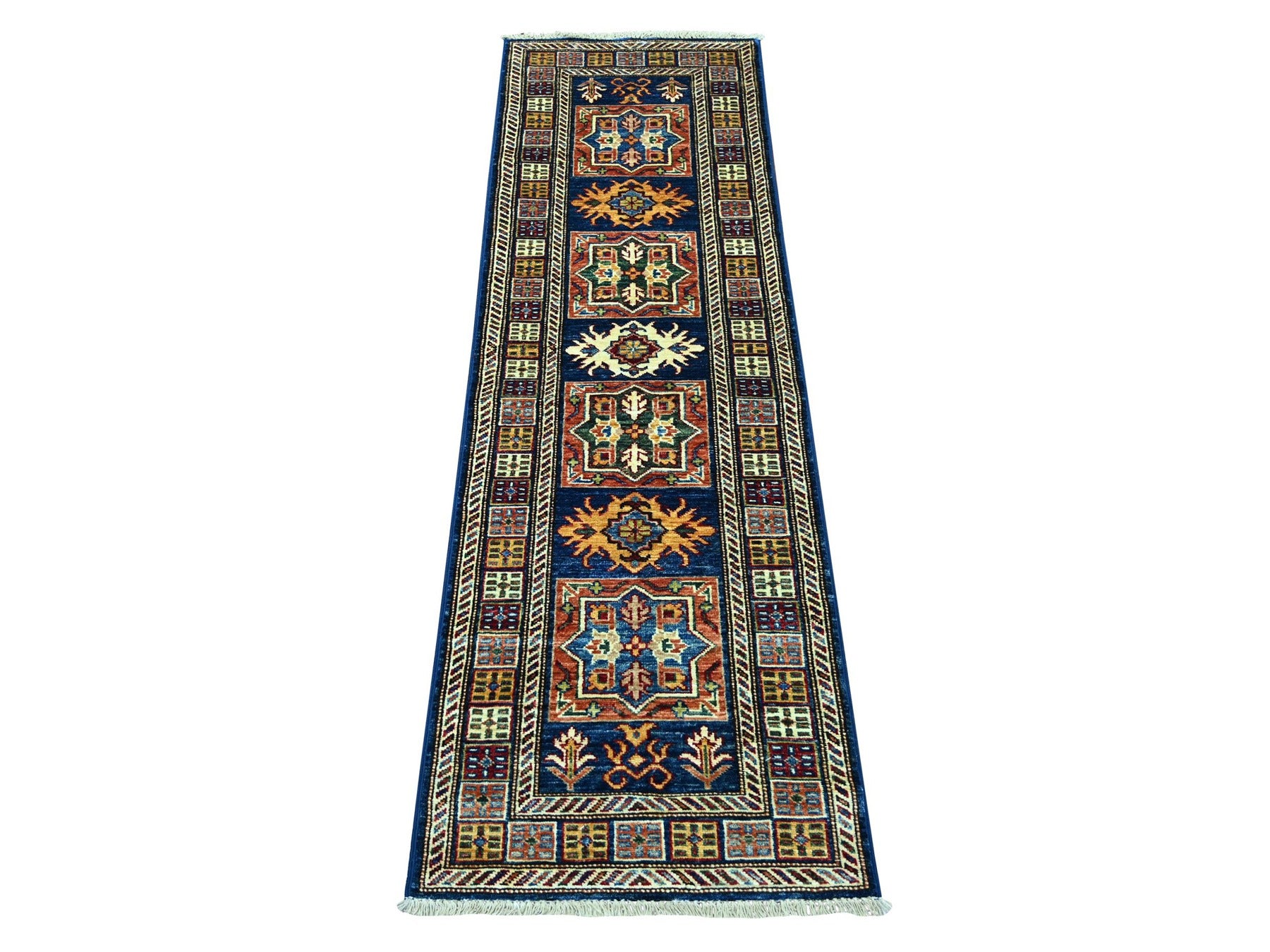 Kazak Tribal & Geometric hand-knotted wool runner in Blue & Ivory, 1'10" x 5'11" — SKU O021727