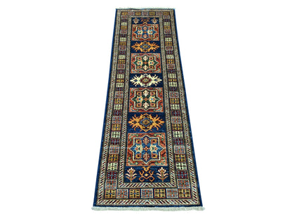 Kazak Tribal & Geometric hand-knotted wool runner in Blue & Ivory, 1'10" x 5'11" — SKU O021727