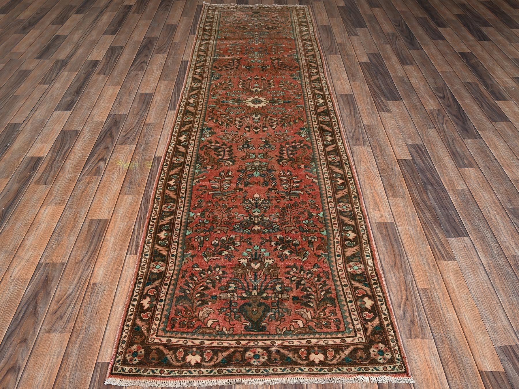 Vintage hand-knotted wool runner in Red & Brown, 2'8" x 9'8" — SKU O02172 (view 2)