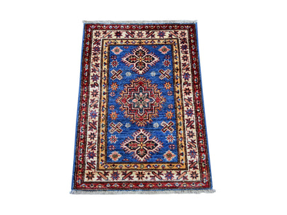 Kazak Tribal & Geometric hand-knotted wool rug in Blue & Ivory, 2'1" x 2'11" — SKU O021733