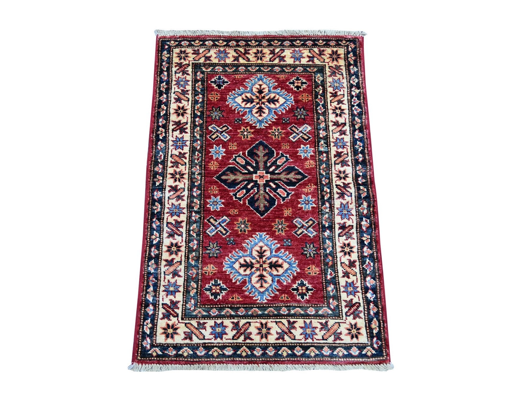 Kazak Tribal & Geometric hand-knotted wool rug in Red & Ivory, 2' x 3' — SKU O021734
