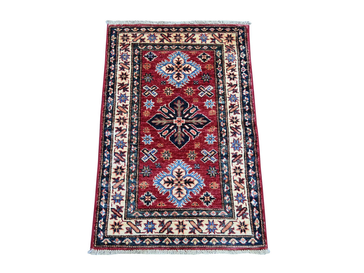 Kazak Tribal & Geometric hand-knotted wool rug in Red & Ivory, 2' x 3' — SKU O021734