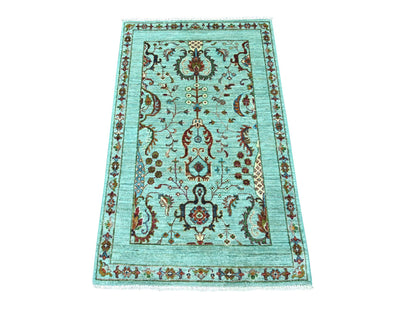 Green 2'7" x 4'2" Tribal & Geometric Hand knotted Wool Rug - Sku: O021741
