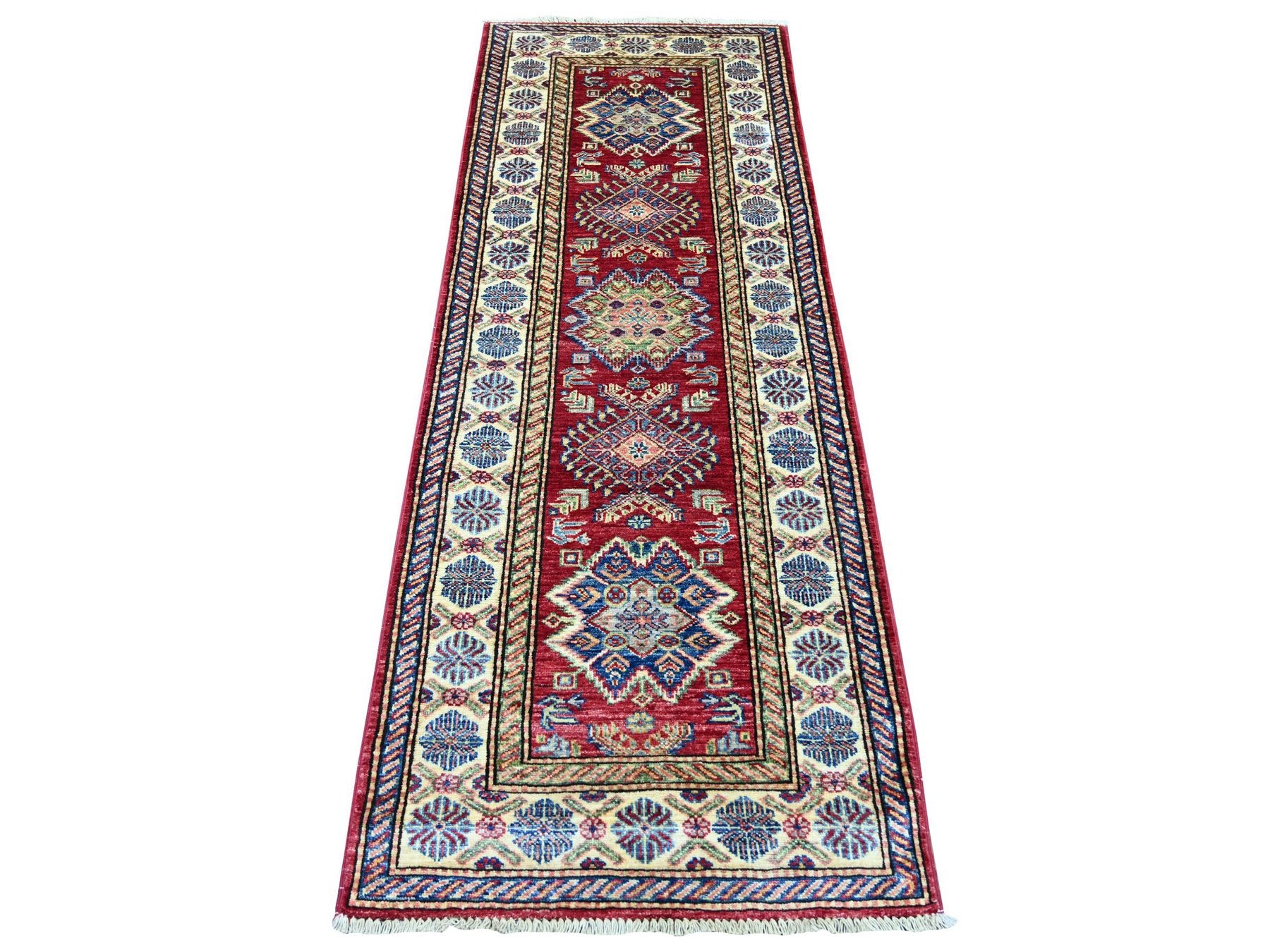 Kazak Tribal & Geometric hand-knotted wool runner in Red & Ivory, 2'6" x 6'10" — SKU O021742
