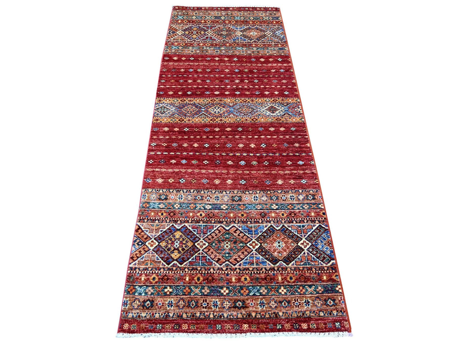 Kazak Tribal & Geometric hand-knotted wool runner in Red, 2'10" x 8' — SKU O021744