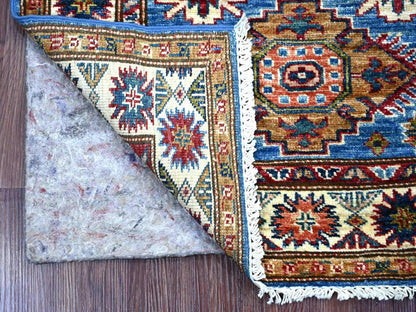 Kazak Tribal & Geometric hand-knotted wool runner in Blue & Ivory, 2'6" x 6'8" — SKU O021745 (view 2)