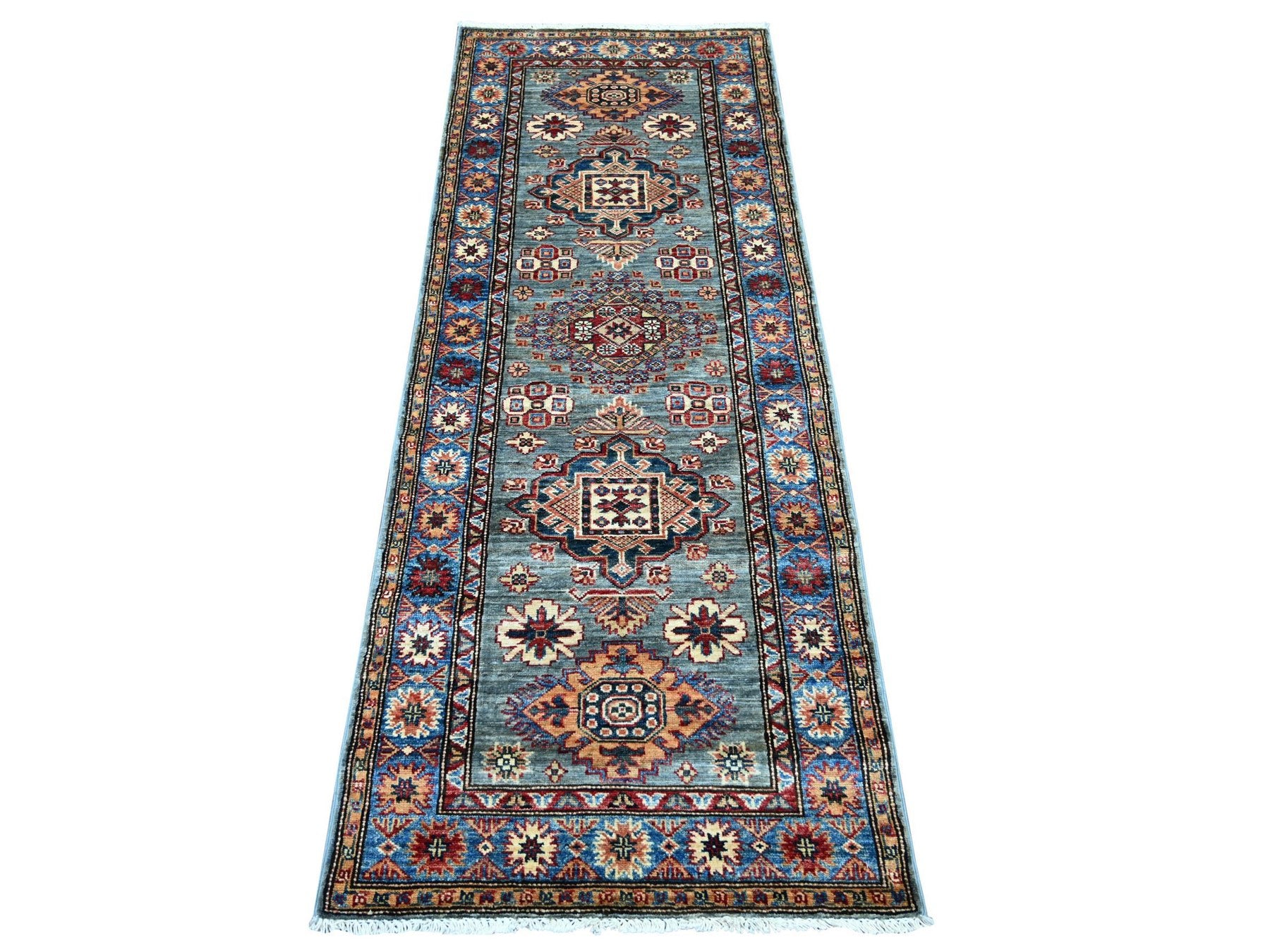 Kazak Tribal & Geometric hand-knotted wool runner in Gray & Blue, 2'5" x 6'6" — SKU O021747