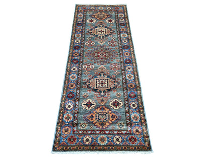 Kazak Tribal & Geometric hand-knotted wool runner in Gray & Blue, 2'5" x 6'6" — SKU O021747