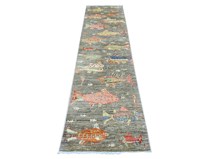 Peshawar Modern / Contemporary hand-knotted wool runner in Gray, 2'6" x 9'7" — SKU O021767