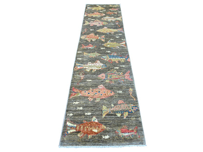Brown 2'6" x 9'10" Modern and Contemporary Hand knotted Wool Rug - Sku: O021788