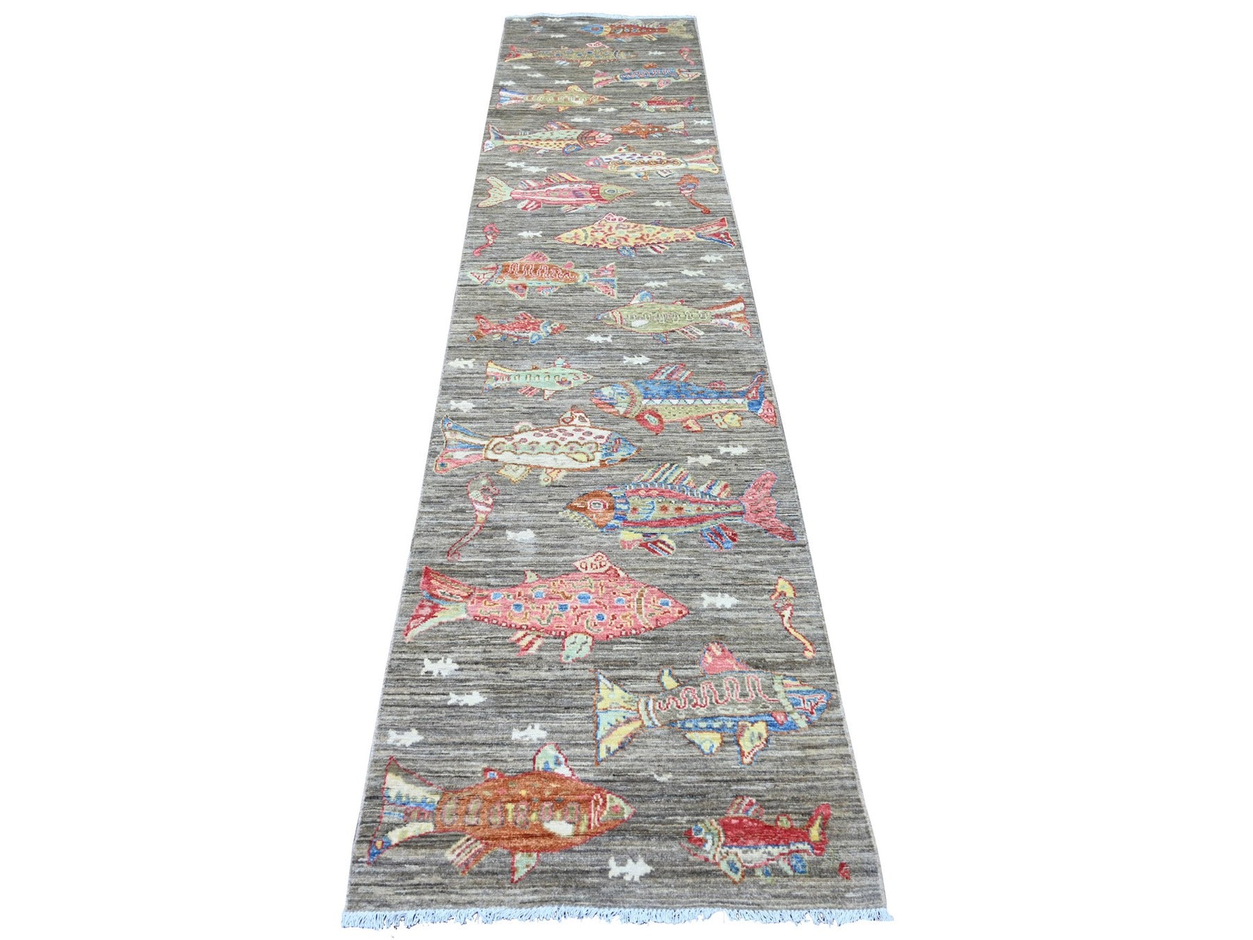 Grey 2'7" x 11'7" Modern and Contemporary Hand knotted Wool Rug - Sku: O021790