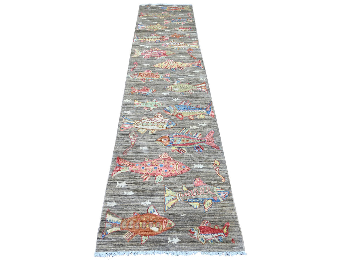 Peshawar Modern / Contemporary hand-knotted wool runner in Gray, 2'7" x 11'7" — SKU O021790
