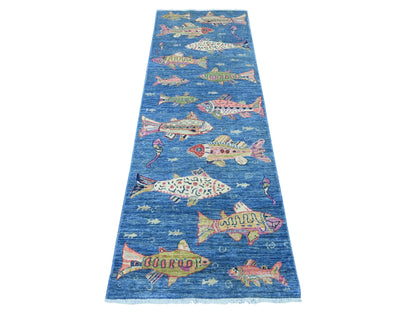 Blue 2'7" x 7'10" Modern and Contemporary Hand knotted Wool Rug - Sku: O021792