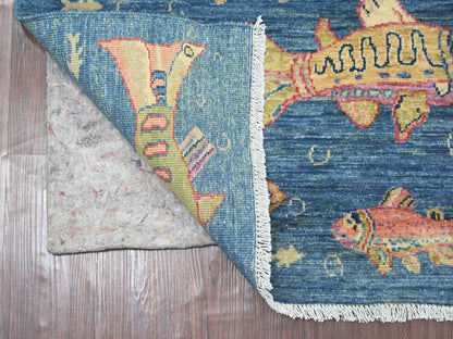 Blue 2'7" x 7'10" Modern and Contemporary Hand knotted Wool Rug - Sku: O021792